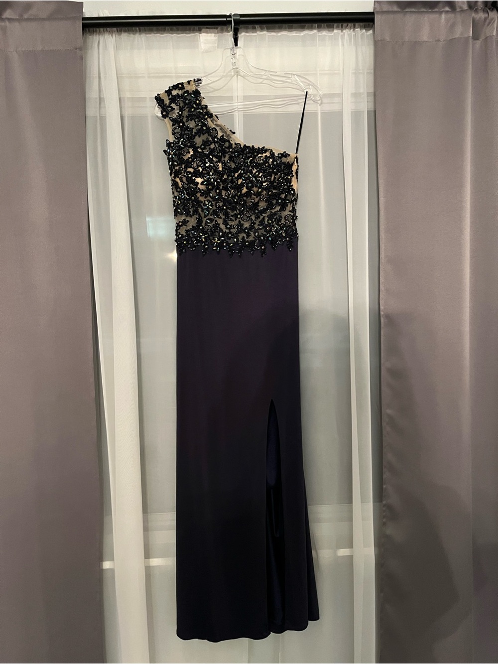 Alyce Paris One-Shoulder Navy Gown with Navy Beaded Bodice